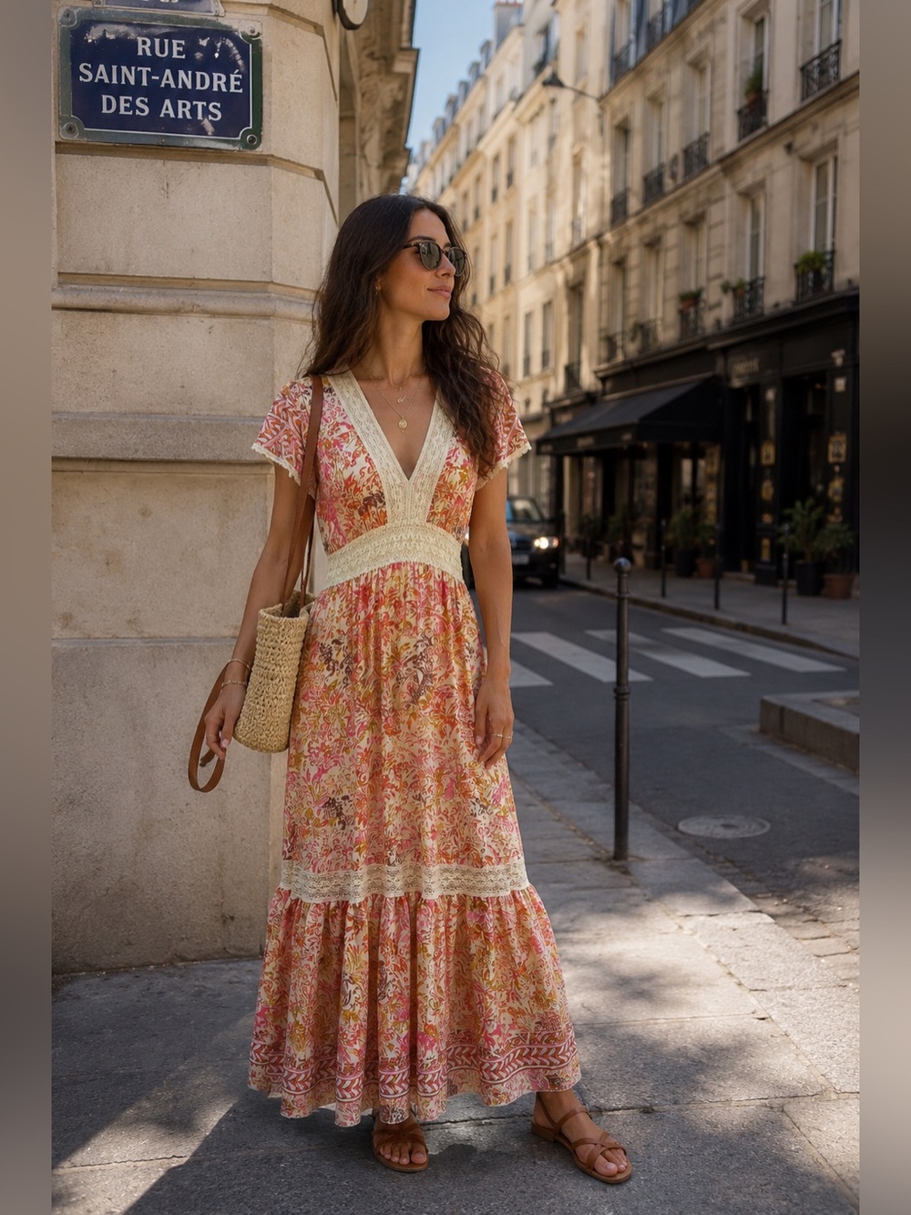 Bohemy Ibiza Boho 100% Vintage Silk V-Neck Floral Dress Coral & Cream.